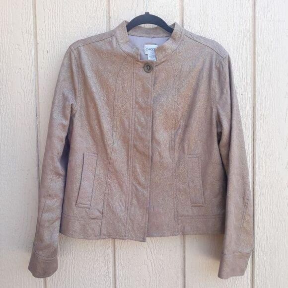 Chico's Metallic Gold Camel Textured Blazer Jacket Mandarin Collar Sz 1 = M/8 - Picture 4 of 14